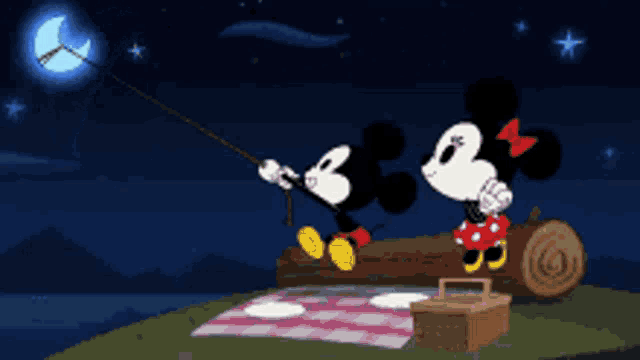 mickey mouse and minnie mouse fishing at night