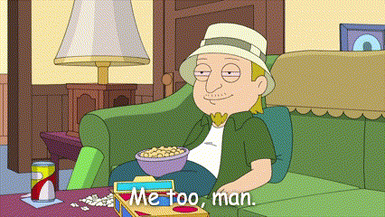 a cartoon of a man sitting on a couch with a bowl of popcorn and the words me too man written on the table