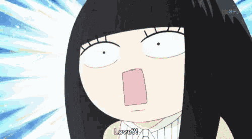 a cartoon girl with black hair is making a funny face and says love