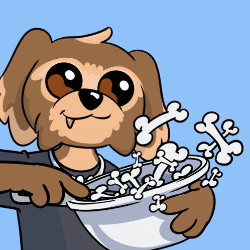a cartoon dog is holding a bowl of bones in its paws