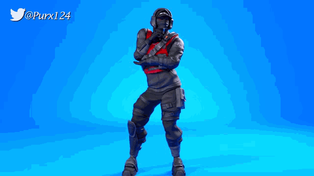 a video game character is standing with his arms crossed in front of a twitter logo