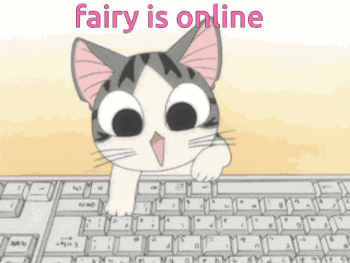 a cartoon cat is sitting at a keyboard with the words fairy is online below it