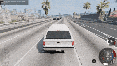 a screenshot of a video game shows a white van driving down the road