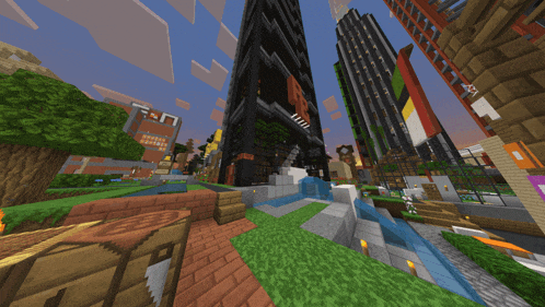 a minecraft screenshot of a city with a few buildings and a sign that says ' fun ' on it