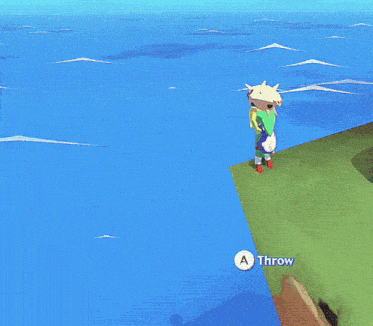 a person standing on a cliff with a throw button in the corner