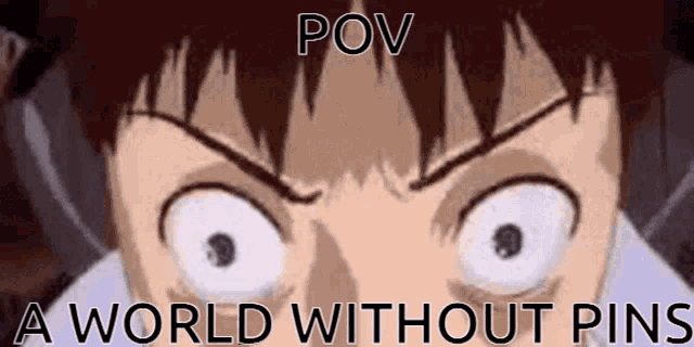 a close up of a person 's face with the words `` pov a world without pins '' written below it .