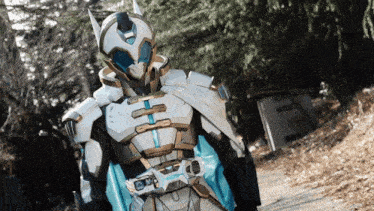 a person in a white and gold armor with a helmet