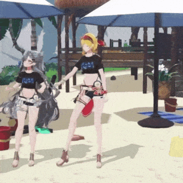 two anime girls are standing on a beach and one has a shirt that says ' team nft ' on it