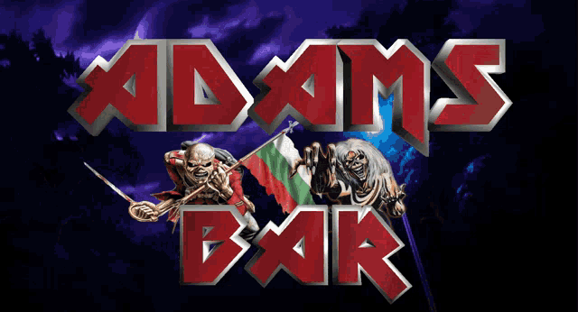 a poster for adams bar with two skeletons holding flags