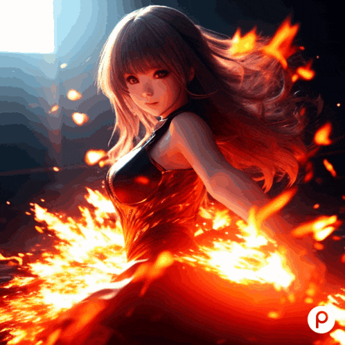 a girl in a black dress is surrounded by flames and a circle with the letter p on it
