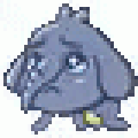 a pixel art drawing of a gray dog with a sad face .
