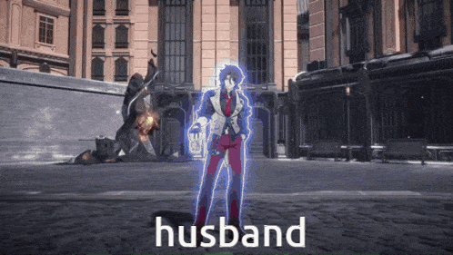 a man in a suit and tie is standing in front of a building with the word husband written below him