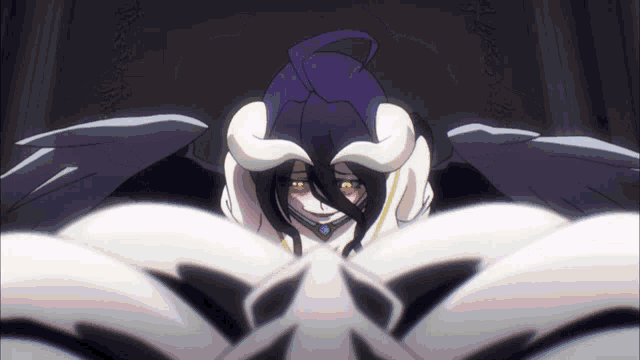a cartoon character with horns and wings looks down