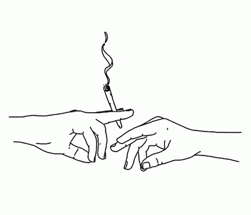 it is a drawing of two hands holding a cigarette .