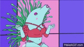 a cartoon of a woman with a dolphin 's head is dancing in a red top .