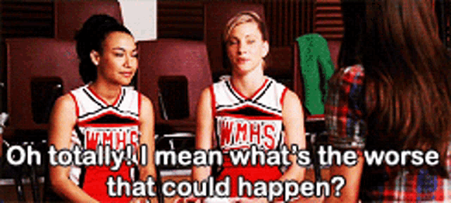 two cheerleaders from wmhs are sitting next to each other in a locker room