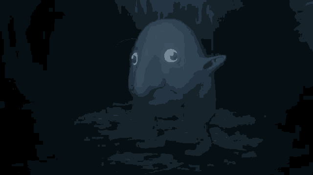 a cartoon elephant with a big nose is standing in the dark in the woods .
