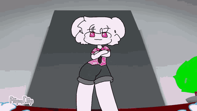 a cartoon drawing of a pink piggy with arms crossed and the words flipa clip below it
