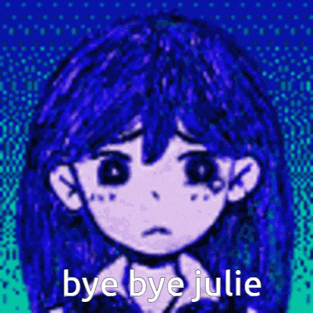 a drawing of a girl with blue hair and the words `` bye bye julie '' written on it .