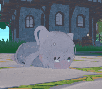 a white cat with a white tail is laying on the ground in front of a building