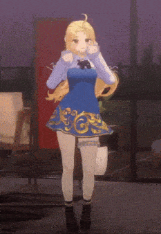 a girl in a blue dress with gold swirls is standing in a room