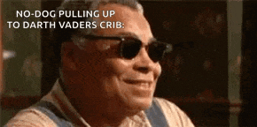 a man wearing sunglasses is smiling and says `` no dog pulling up to darth vaders crib '' .