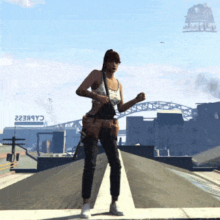 a woman stands on a rooftop with a sign that says clock 's lane in the background