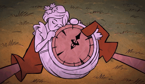 a cartoon drawing of a girl holding a clock with the hands on the numbers 8 and 5