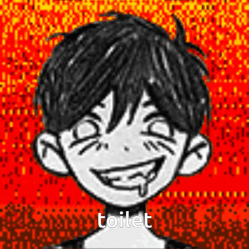 a black and white drawing of a boy with a smile on his face and the word toilet written on the bottom .