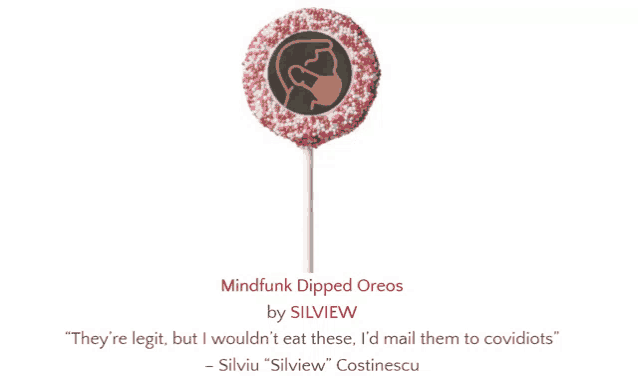 a lollipop with a picture of a man wearing a mask and the words mindfunk dipped oreos