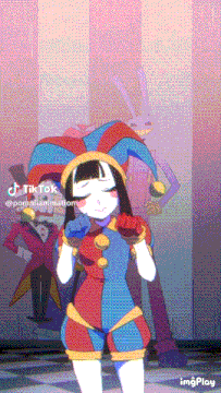 a cartoon of a girl dressed as a jester with a cupcake in her hand and a tiktok logo on the bottom