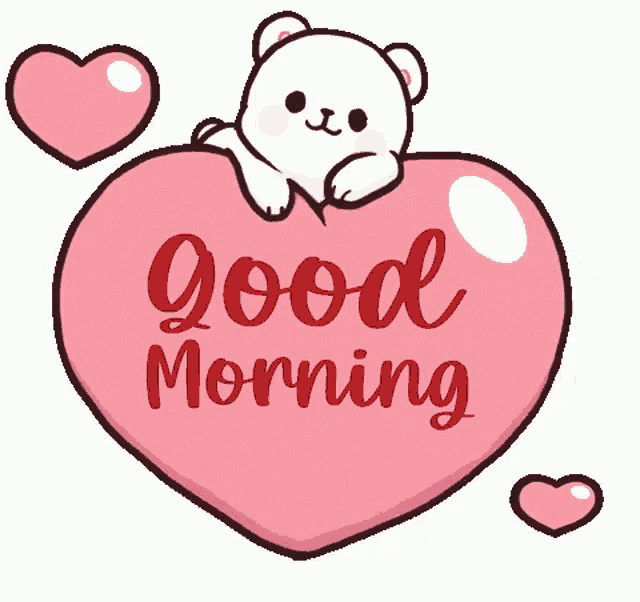 a teddy bear is sitting on a pink heart that says good morning