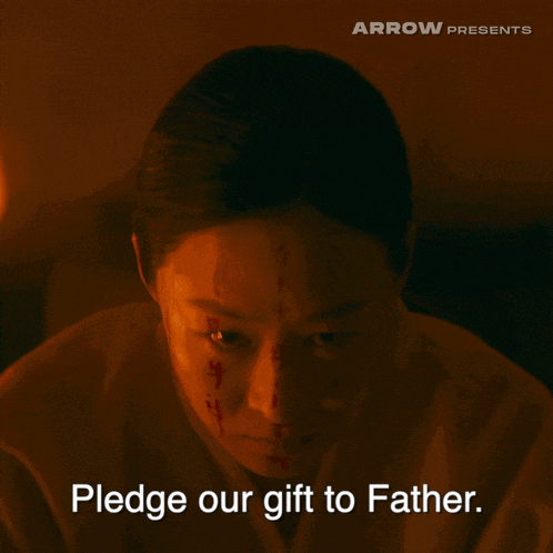 a woman with blood on her face and the words pledge our gift to father on the bottom