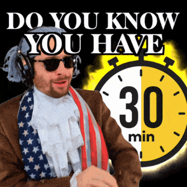 a man wearing sunglasses and headphones stands in front of a timer that says 30 min
