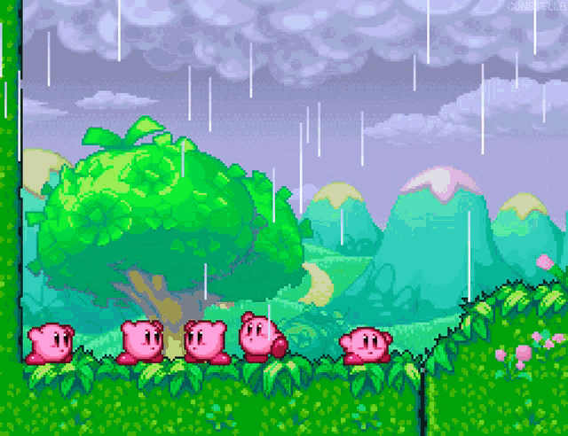 a pixel art of kirby standing in the rain in a field