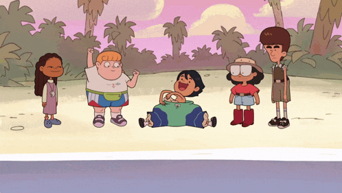 a group of cartoon characters are standing on a beach and one of them is wearing a shirt that says " i love you "