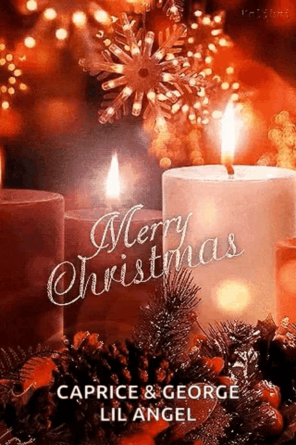a merry christmas greeting card with two lit candles and pine cones