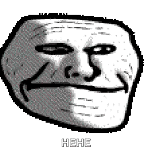 a black and white drawing of a troll face with the words `` heh '' written under it .