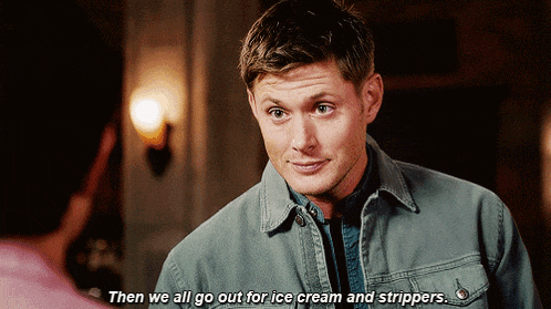 a man is talking to another man and says then we all go out for ice cream and strippers