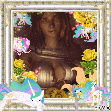 a framed picture of a woman with unicorns and roses