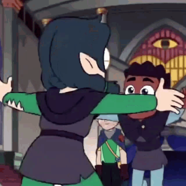 a cartoon character is hugging another character in a room .