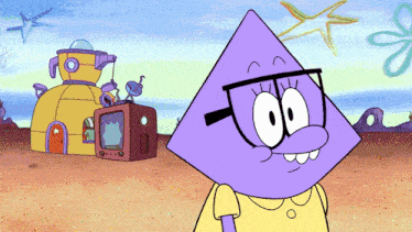 a cartoon character wearing glasses is standing in front of a yellow house