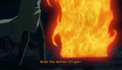 a person is standing in front of a large fire and says `` arise the demon etrigan '' .