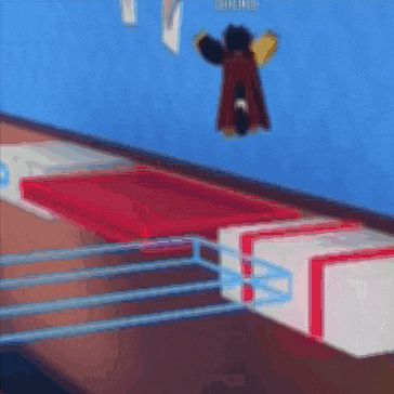 a cartoon character is flying over a boxing ring in a room