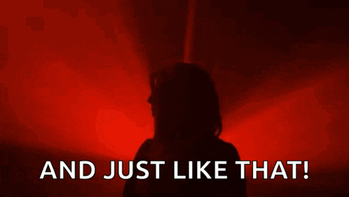 a silhouette of a woman against a red background with the words and just like that