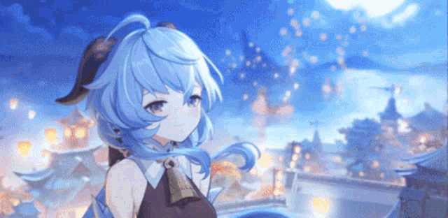 a girl with blue hair and horns is standing in front of a city with lanterns flying in the air .