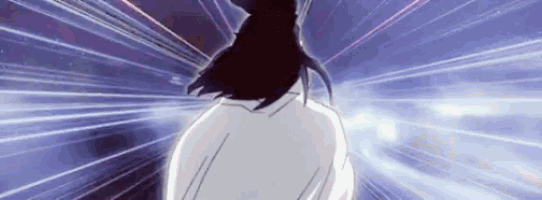 a person with long hair is standing in front of a purple background with rays coming out of it .