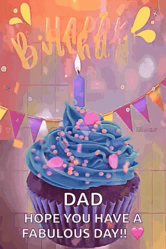 a cupcake with blue frosting and a candle on it