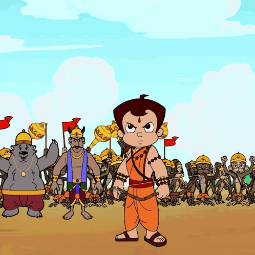 a cartoon of a boy standing in front of a group of monkeys