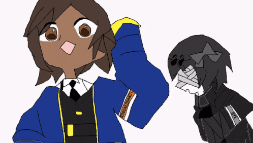 a drawing of two anime characters with one wearing a blue jacket that says freedom army on it